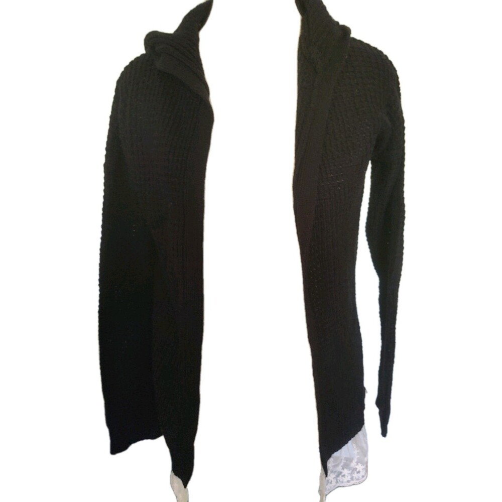 Sugar Girls Black Waffle Knit Hooded Cardigan Size Large Lace Bottom Trim
